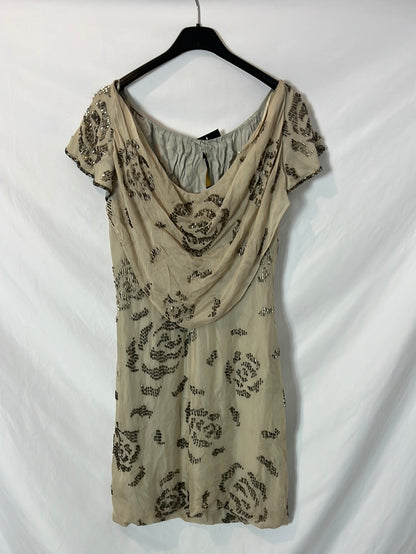 TINTORETTO. Vestido beige abalorios T.40