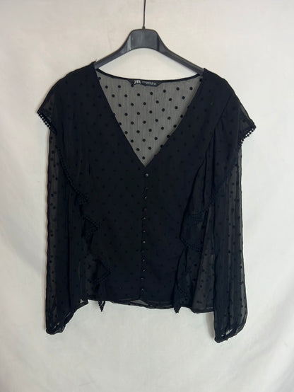 ZARA. Blusa negra semitransparente topitos. T S