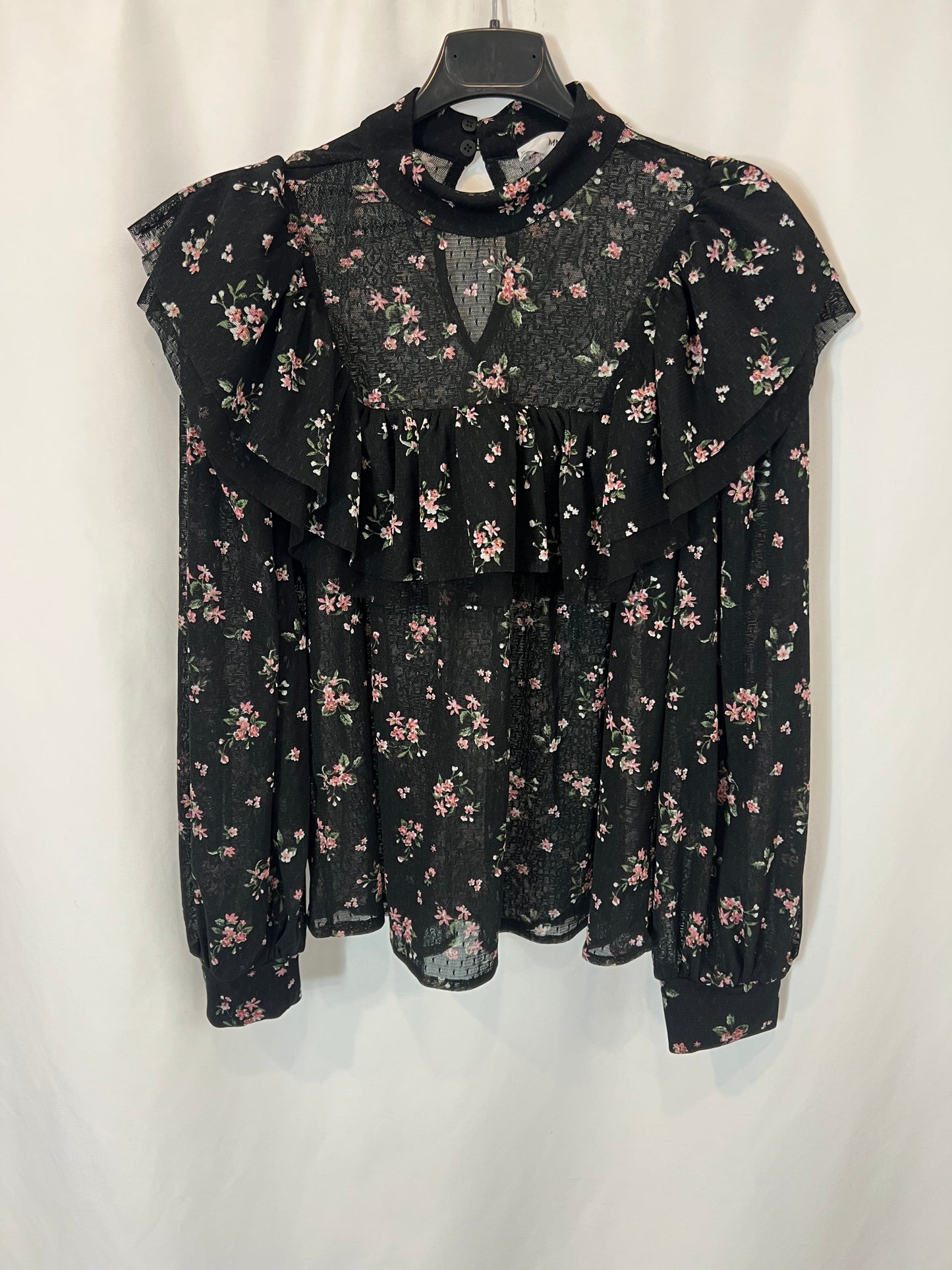 MANGO. Blusa negro flores T.m