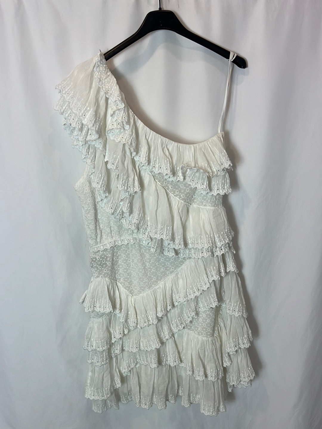 ISABEL MARANT. Vestido blanco asimétrico volantes. T 42