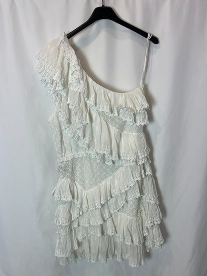 ISABEL MARANT. Vestido blanco asimétrico volantes. T 42