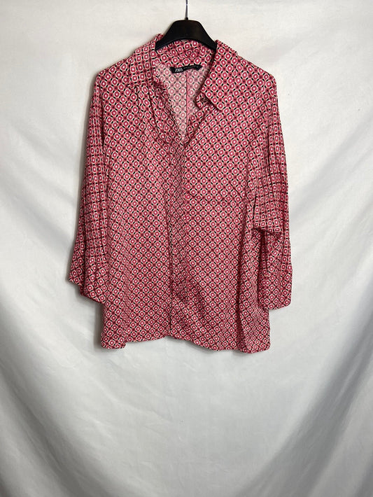 ZARA. Camisa rosa estampado retro T.XS