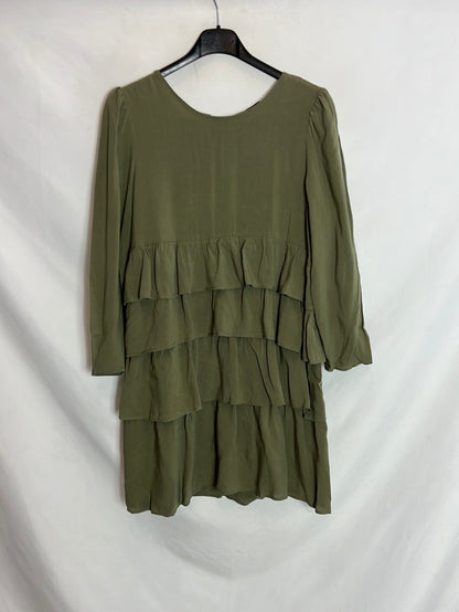 ZARA. Vestido corto verde volantes. T M