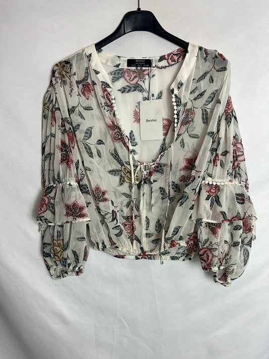 BERSHKA. Blusa semitransparente  flores. T S