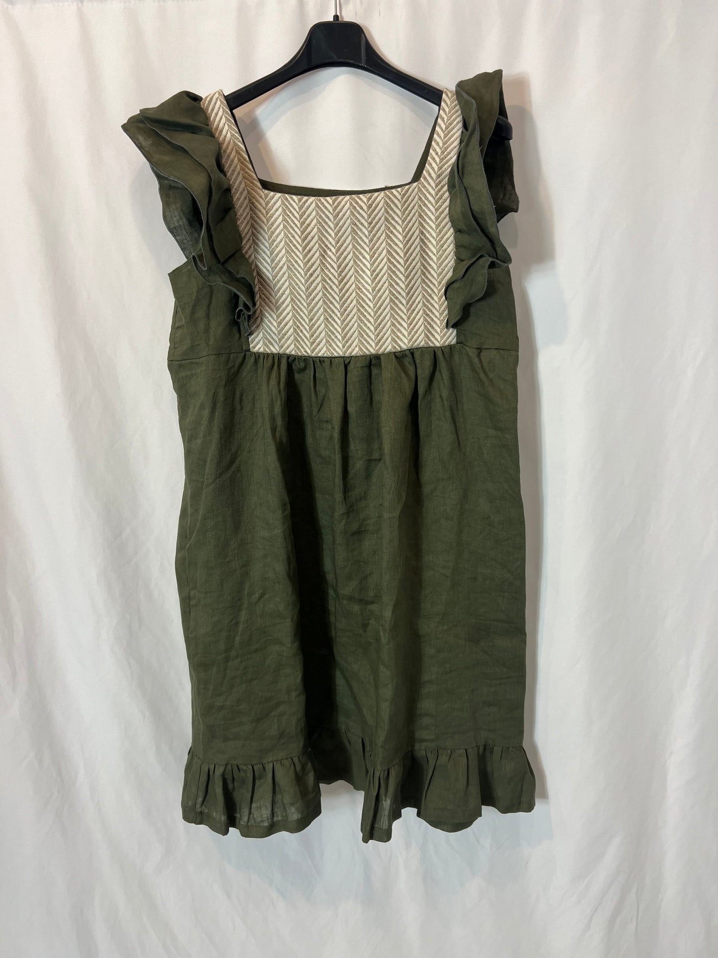 MARÁVIC. Vestido lino verde bordado. T M