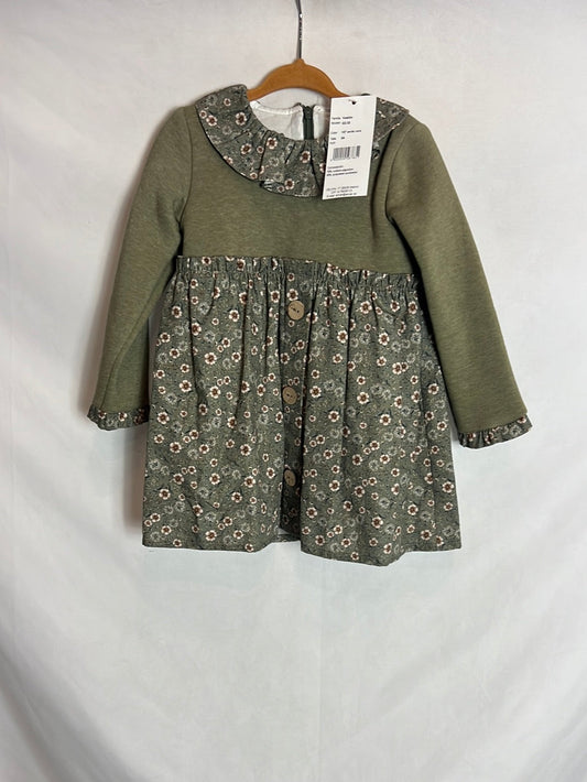 ANCAR. Vestido felpa y flores verdes T. 3 años