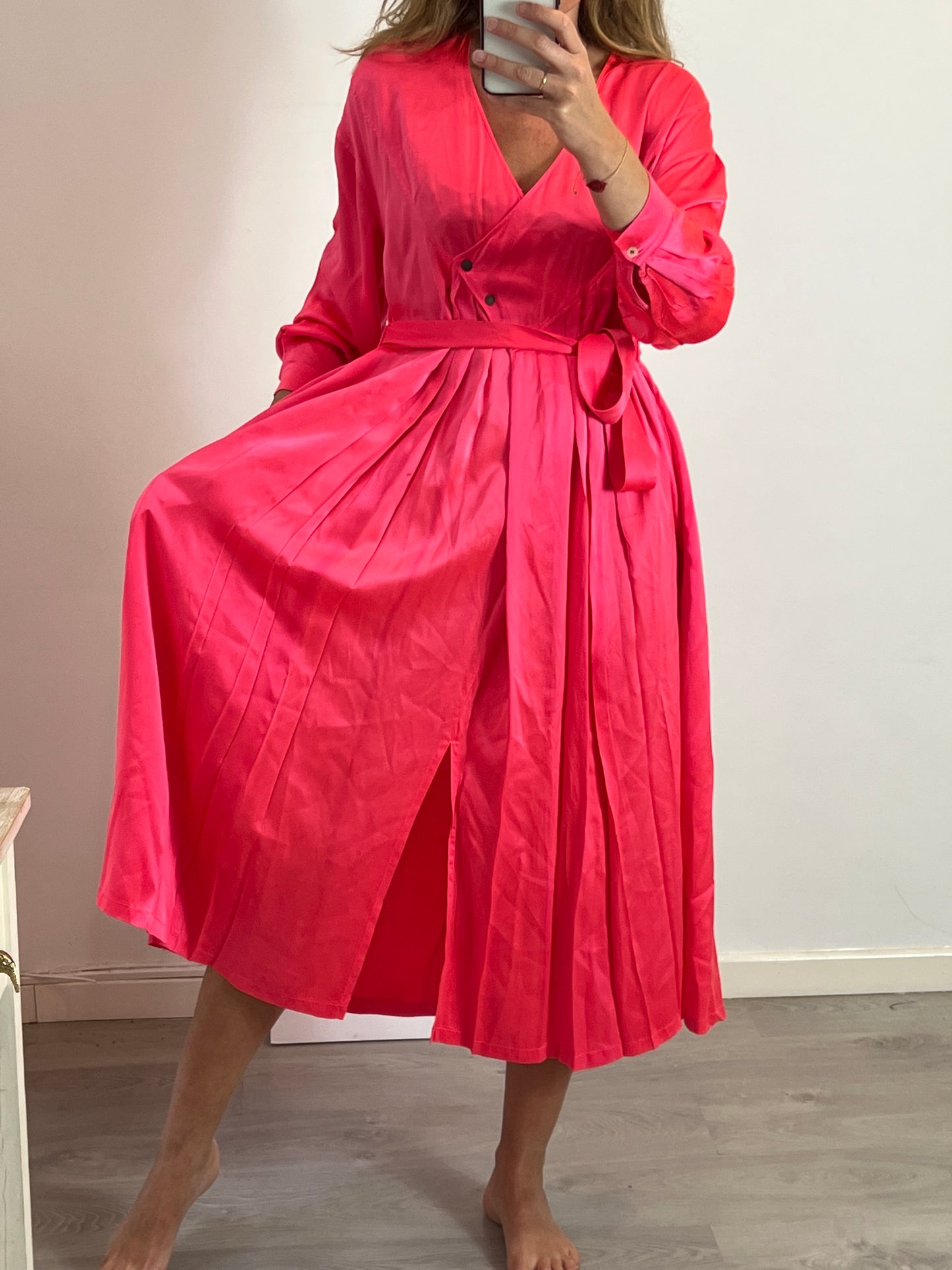 FORTE FORTE. Vestido midi seda fucsia. T 0 (XS/S)