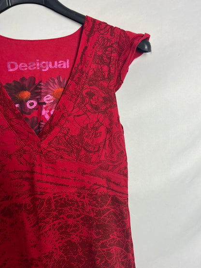 DESIGUAL. Vestido midi rojo estampado. T S