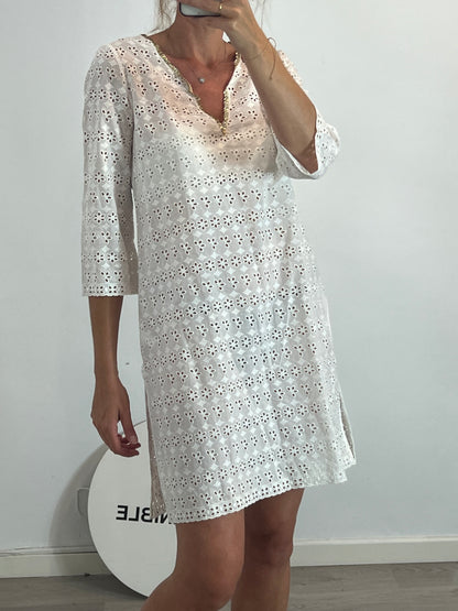 ANDRES SARDA. Vestido blanco troquelado detalle escote. T L