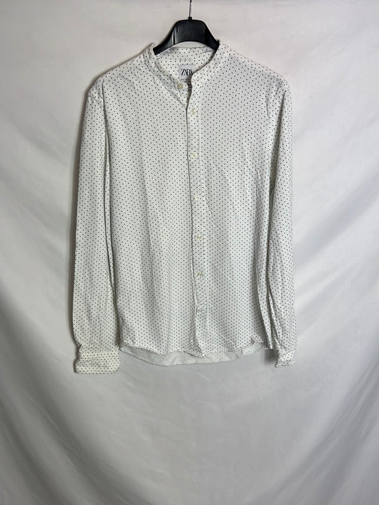 ZARA. Camisa blanca cuello mao mini lunares. T S