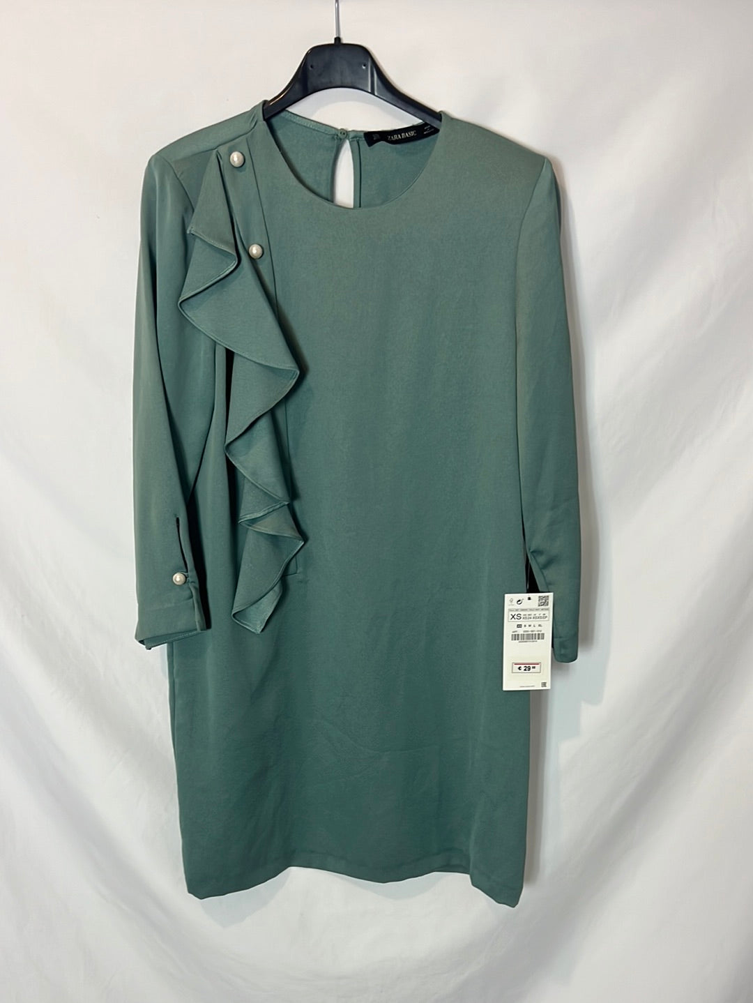 ZARA. Vestido verde agua fluido detalle perlas. T XS