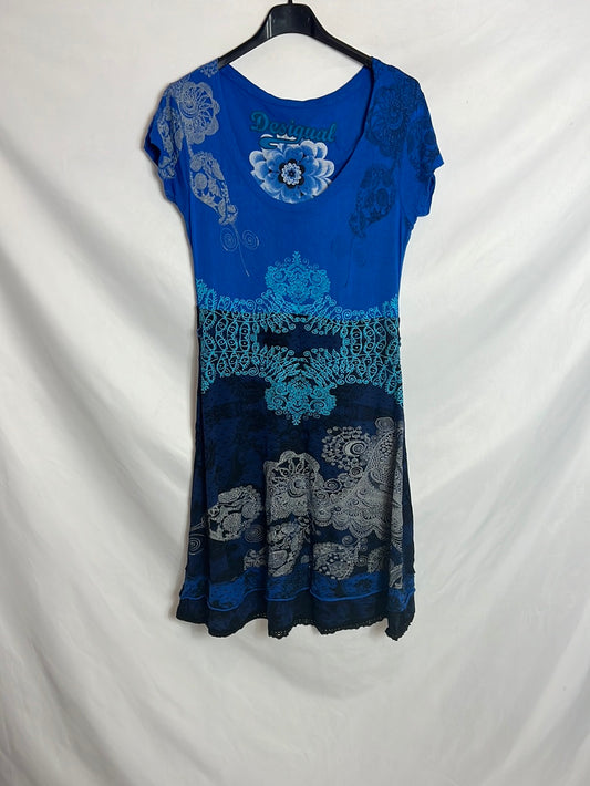 DESIGUAL. Vestido corto azul estampado. T M