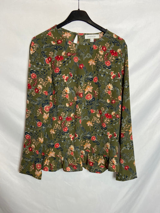 CORTEFIEL. Blusa verde estampada volante T.S