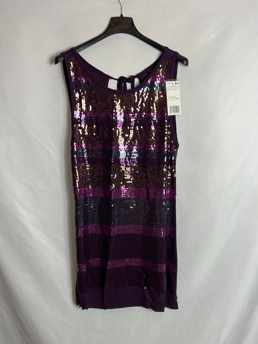 MANGO. Vestido morado lentejuelas. T L (M)