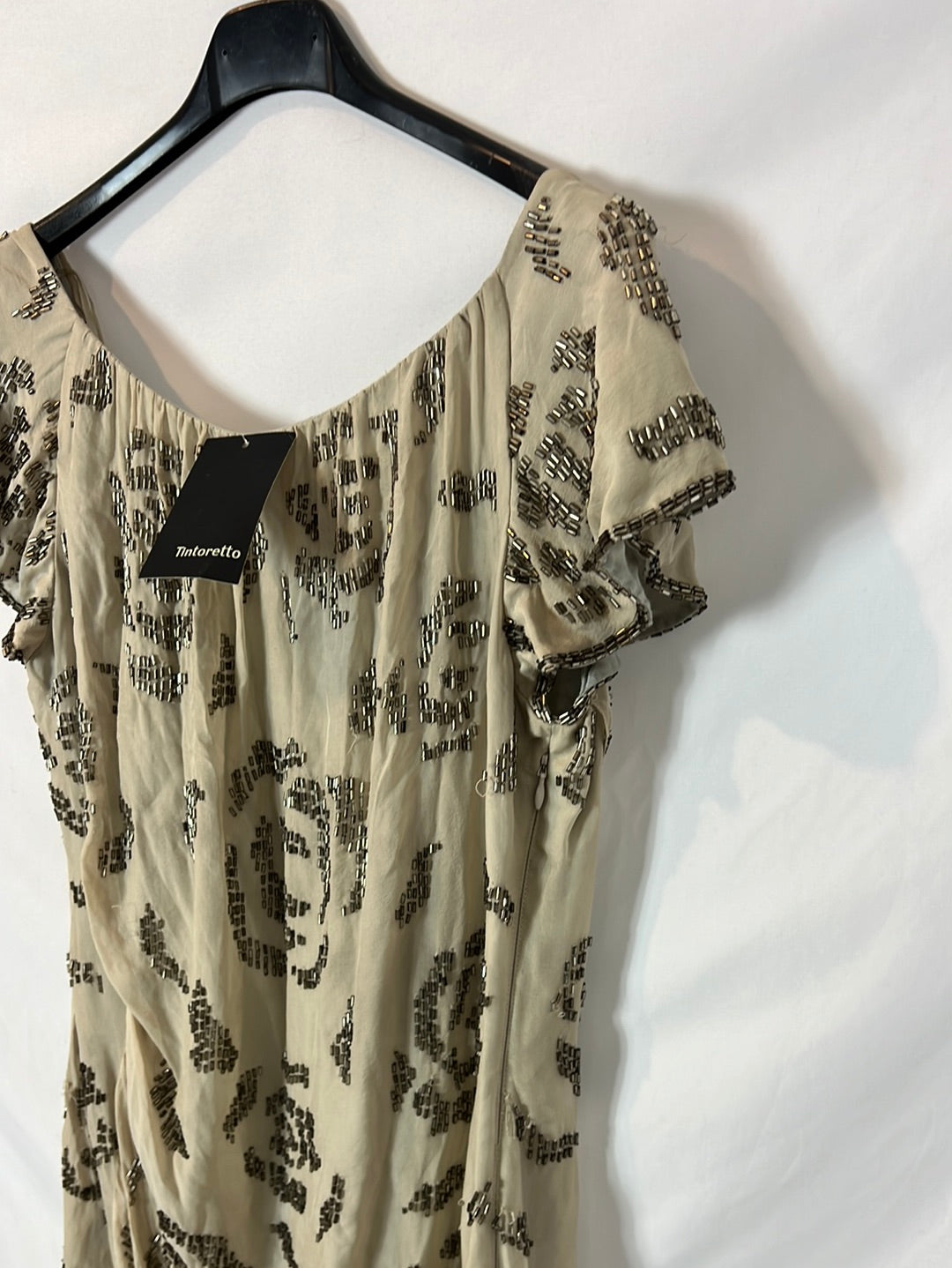 TINTORETTO. Vestido beige abalorios T.40