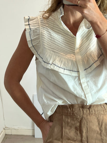 SEZANE. Blusa blanca sin mangas detalles T.42