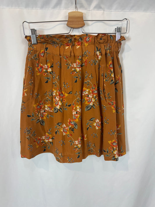 MASSIMO DUTTI. Falda mostaza flores seda T.38