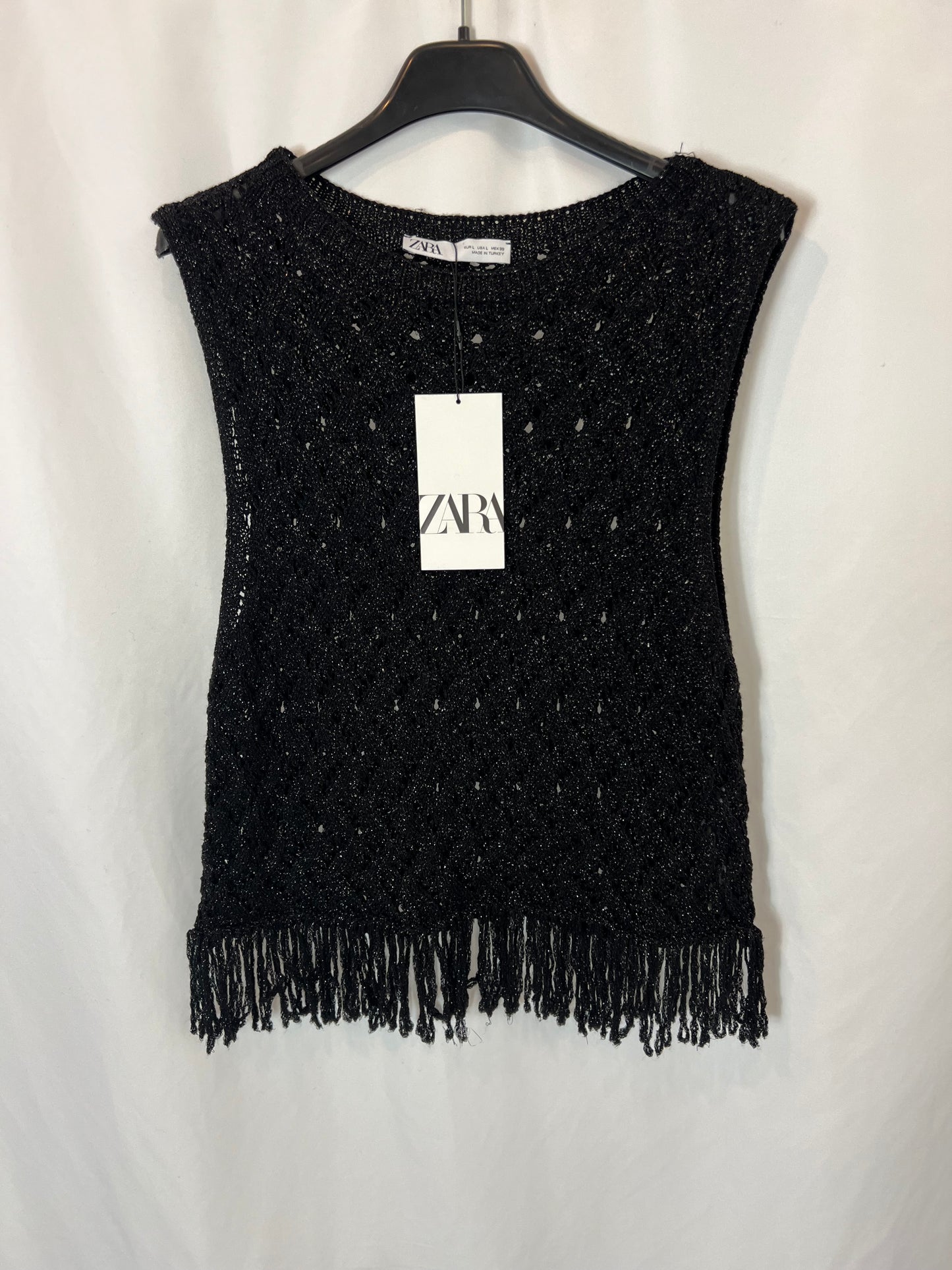 ZARA. Top negro calado hilos brillo. T L