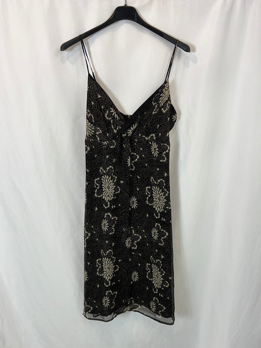 BLUNAUTA. Vestido midi seda negro estampado. T 40