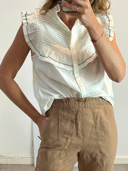 SEZANE. Blusa blanca sin mangas detalles T.42