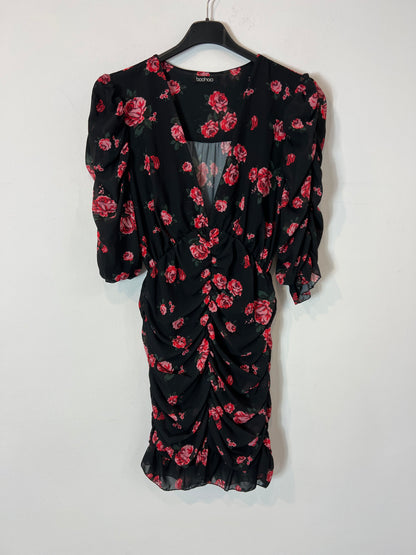 BOOHOO. Vestido corto flores fruncidos.- T 12 (M)