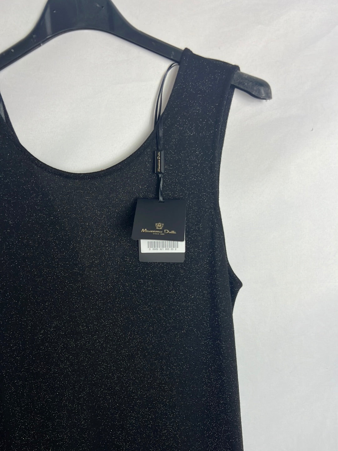 MASSIMO DUTTI. Vestido largo negro brillo. T M