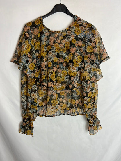 ZARA. Blusa flores semitransparente T.m