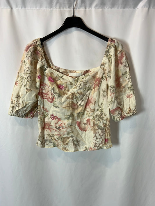 H&M. top beige flores T.34