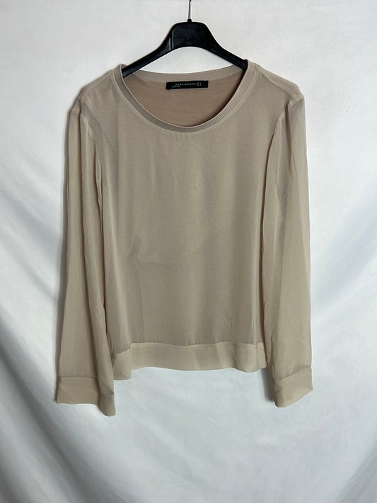 ZARA. Top gasa beige manga semitransparente . T S