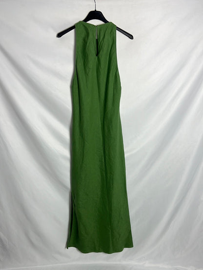 MASSIMO DUTTI. Vestido midi lino verde cuello halter. T M