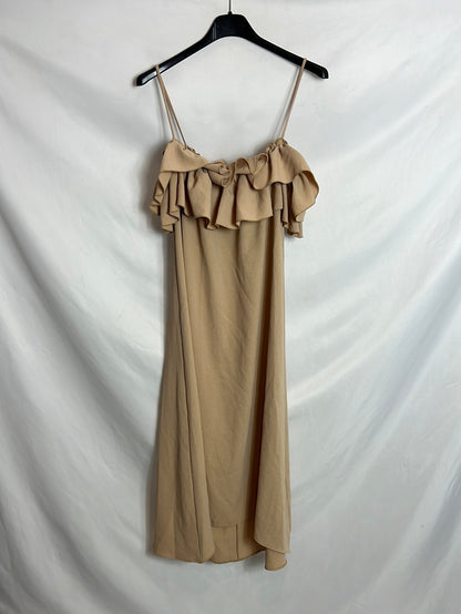 ZARA. Vestido midi volante beige. T M