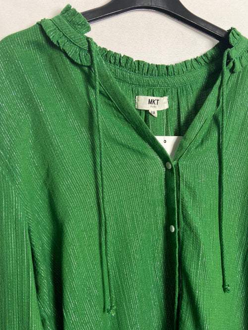 MKT.Blusa verde fluida con rayas metalizadas T.38 (tara)
