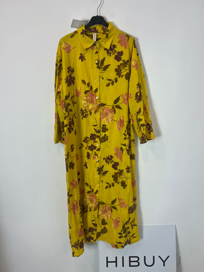 OTRAS. Vestido largo camisero mostaza flores. TU (M/L)