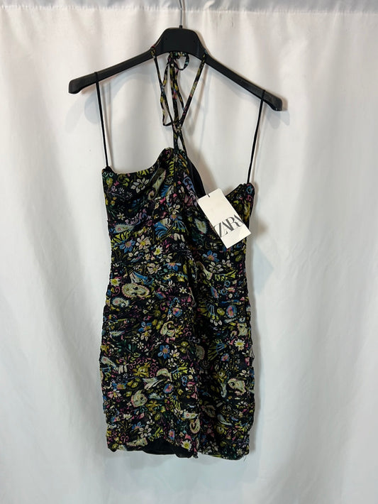 ZARA. Vestido corto fruncido flores. T S