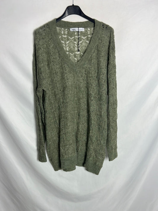 ZARA. Jersey verde largo calado. T XS-S