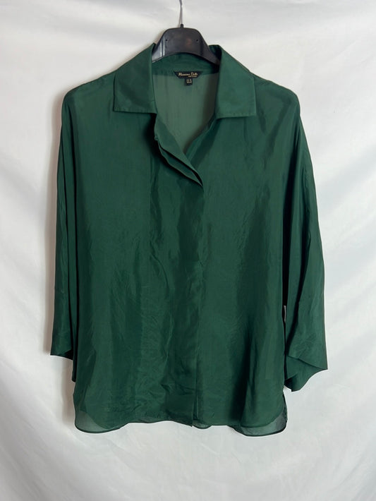 MASSIMO DUTTI. Blusa seda verde oversized. T XS