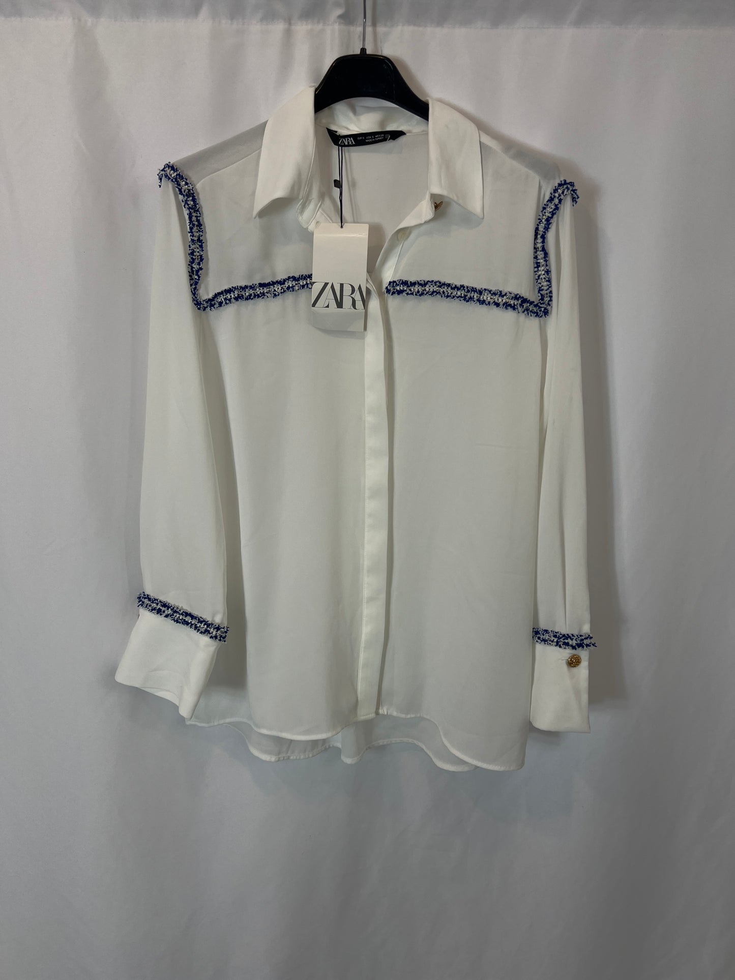 ZARA. Blusa blanca detalles tweed. T S