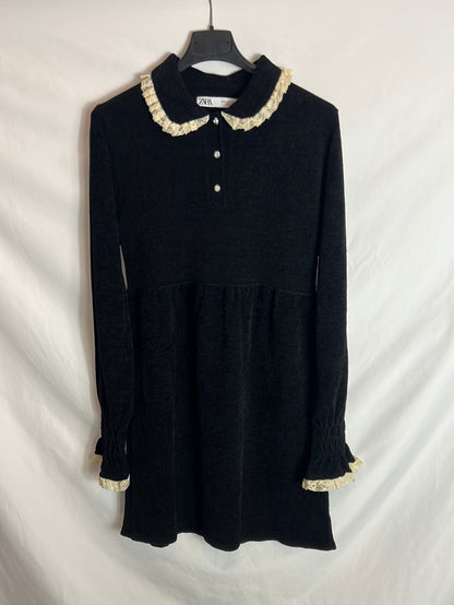 ZARA. Vestido negro textura detalle encajes. T S