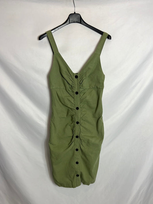 MASSCOB. Vestido verde abotonado fruncidos. T S