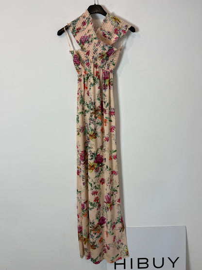 ZARA. Vestido largo flores nido de abeja. T M