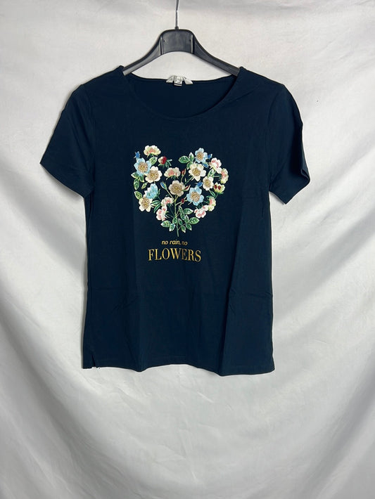 CORTEFIEL. Camiseta azul dibujo flores. T S