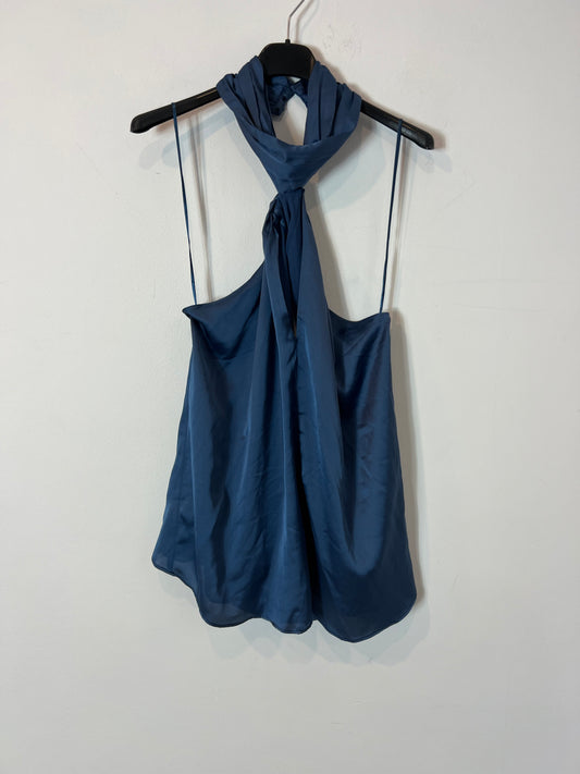 MANGO. Top halter satinado azul . T M