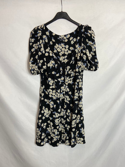 ZARA. Vestido mini negro flores T. S