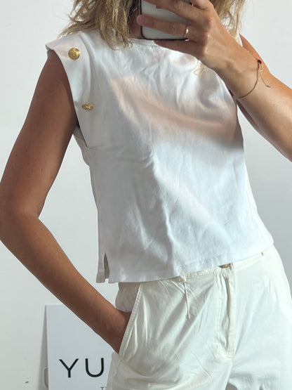 ZARA. Top blanco botones dorados. T S