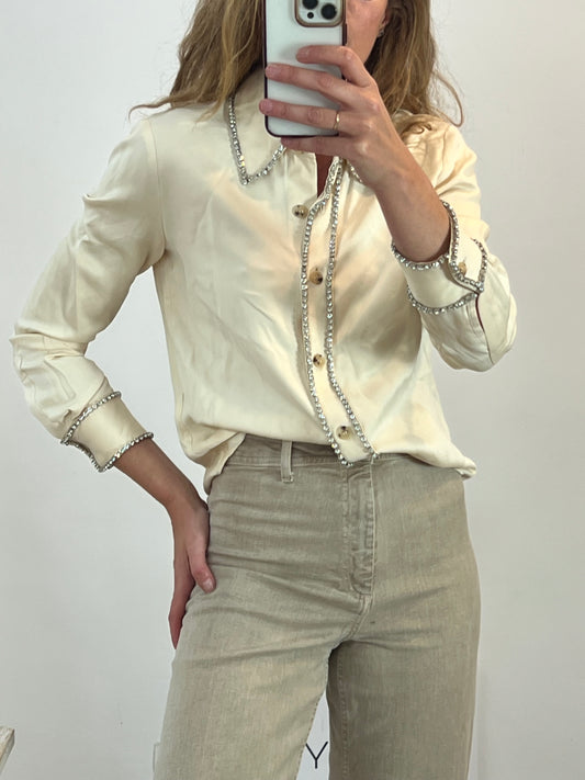 ZARA. Blusa beige pedrería T.s