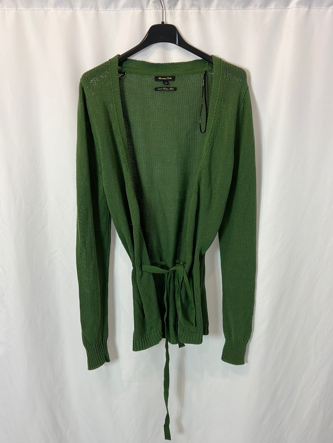 MASSIMO DUTTI. Cárdigan punto verde cinturón. T L