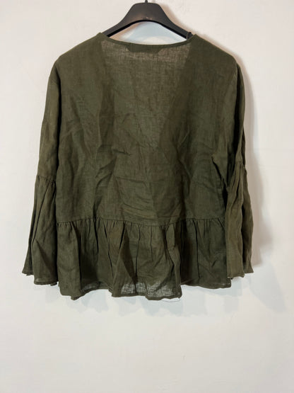 ZARA. Blusa lino verde oscuro. T M