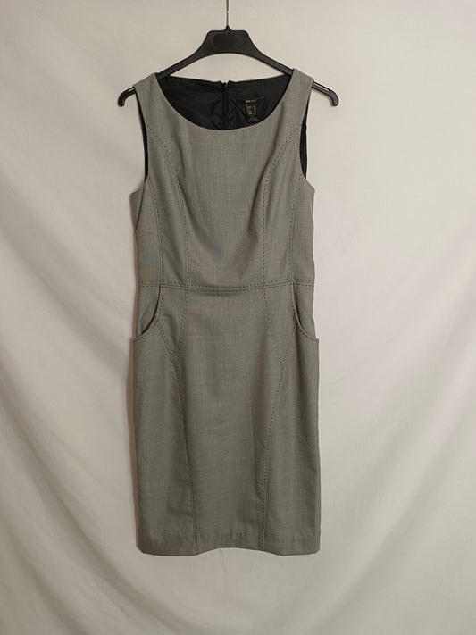 MANGO. Vestido midi gris costuras T.M