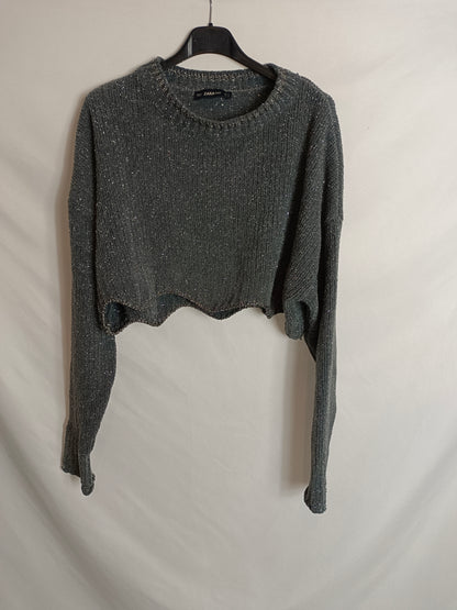 ZARA. Jersey crop gris hilos T.s