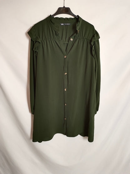 ZARA. Vestido camisero verde T.m